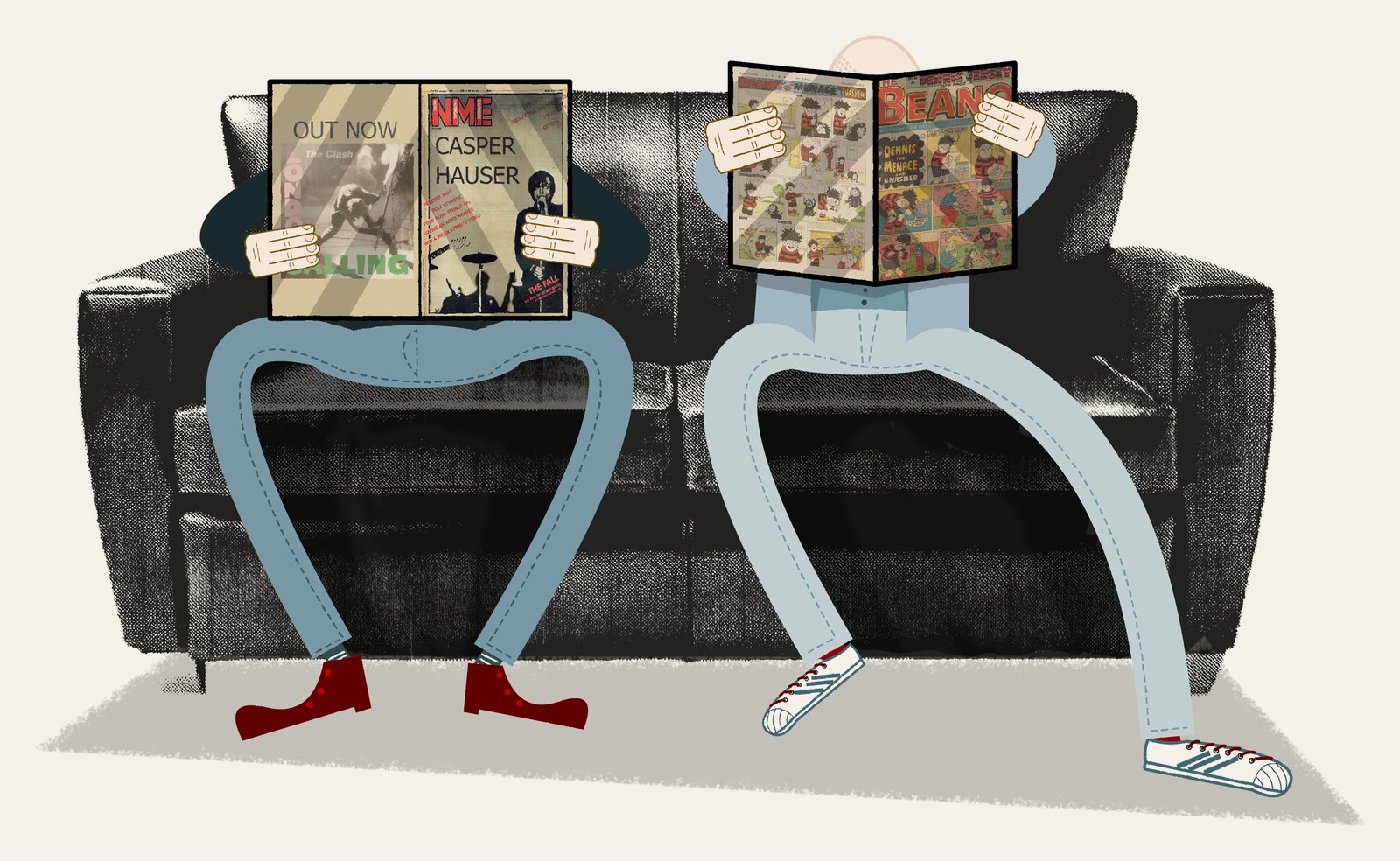 Illustration of Dan Taylor and Andy Watkins sitting on a sofa, reading magazines