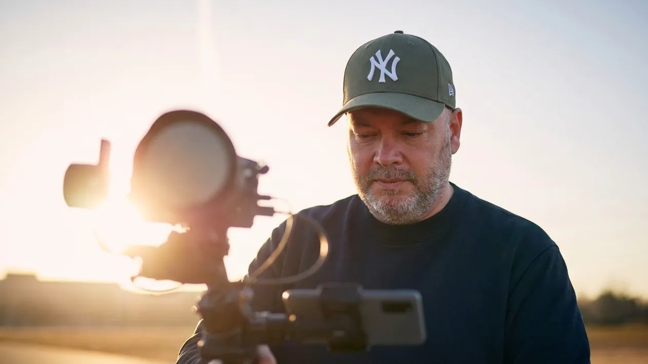 Dan Taylor filming with a camera on a gimbal at sunset
