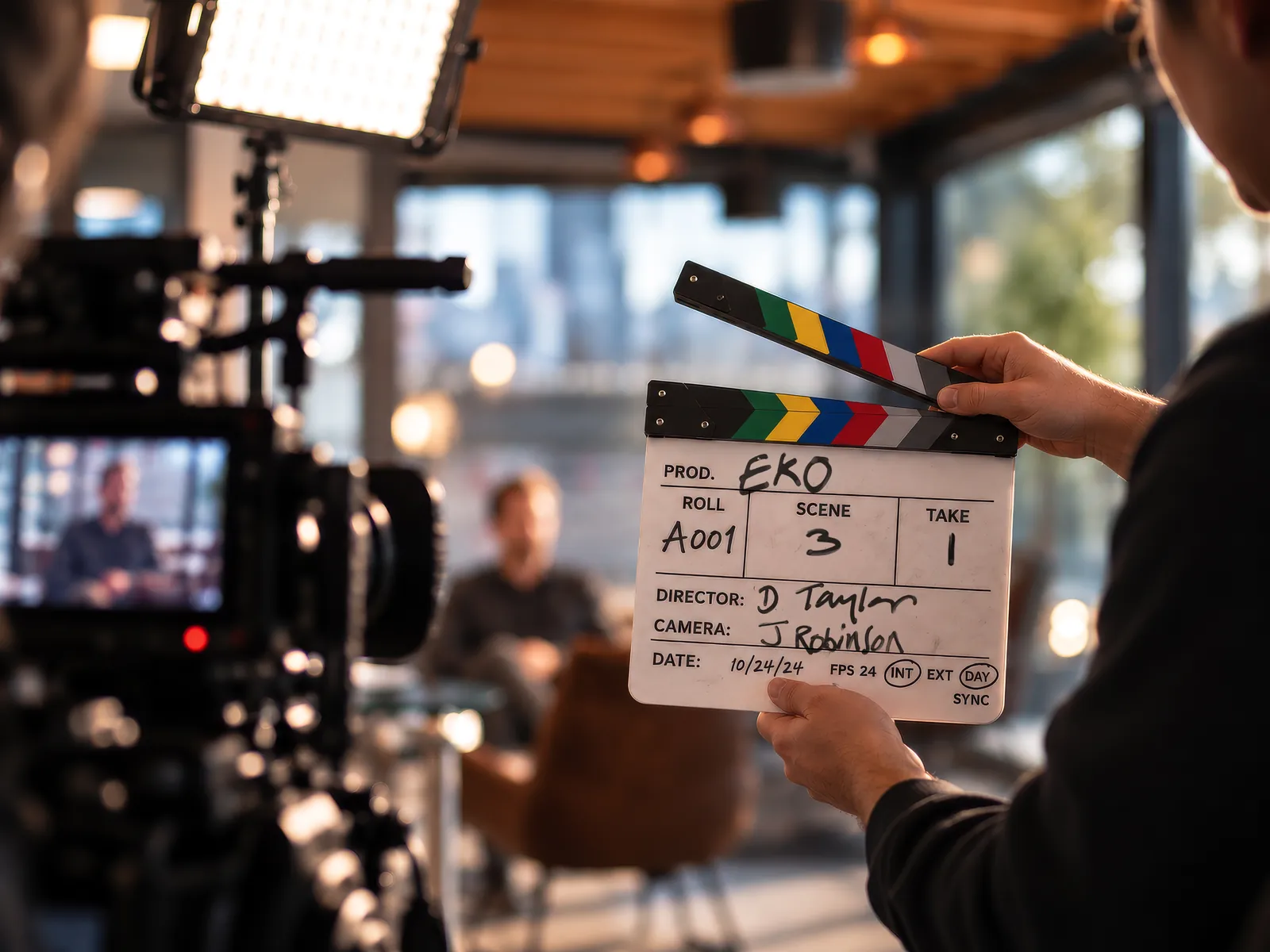 Behind the scenes on an eko create interview shoot, with the clapperboard held up in front of the camera