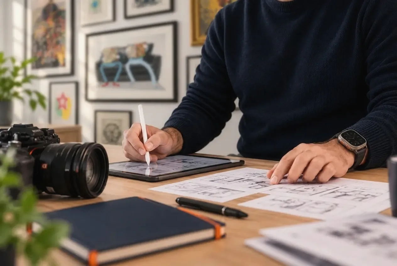 Storyboard frames being sketched on a tablet at the eko create studio desk
