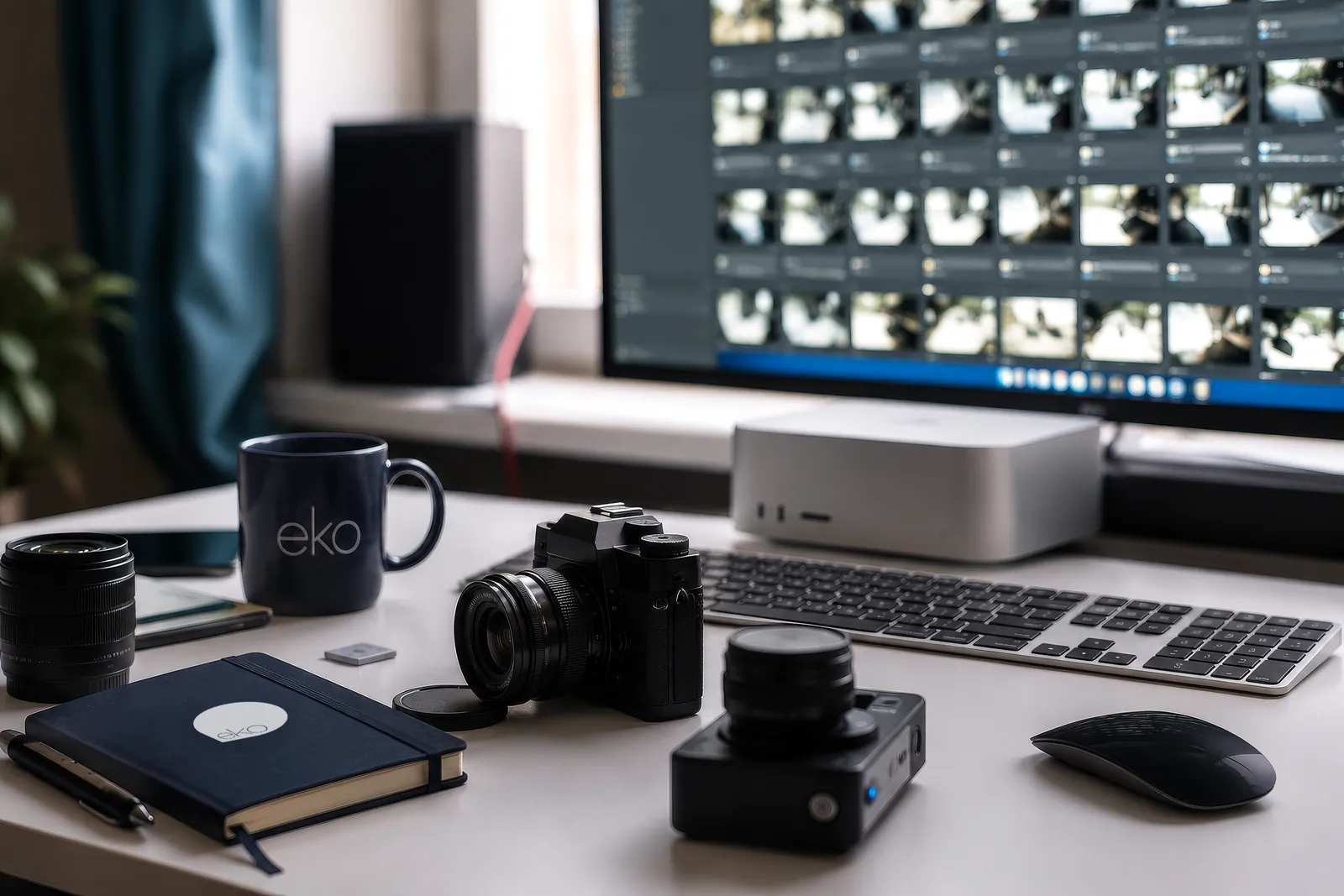 The eko create edit desk: camera, lenses, an eko mug and notebook in front of a monitor of video thumbnails
